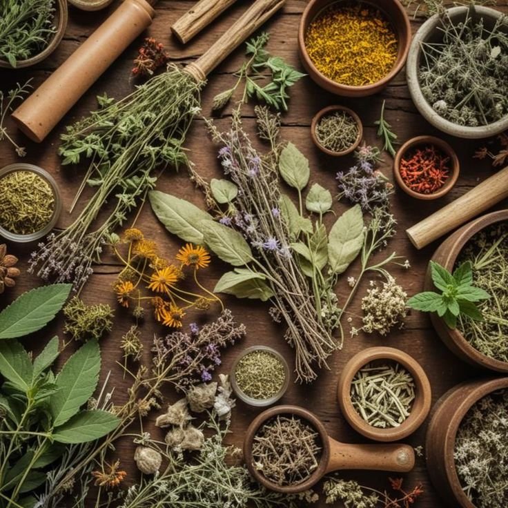 Dried herbs, roots and spices laid out on a table