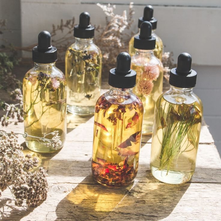 Bottles of pressed plant oils
