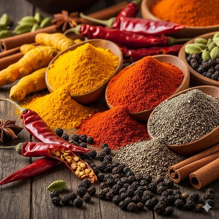 Whole and ground African spices in bowls